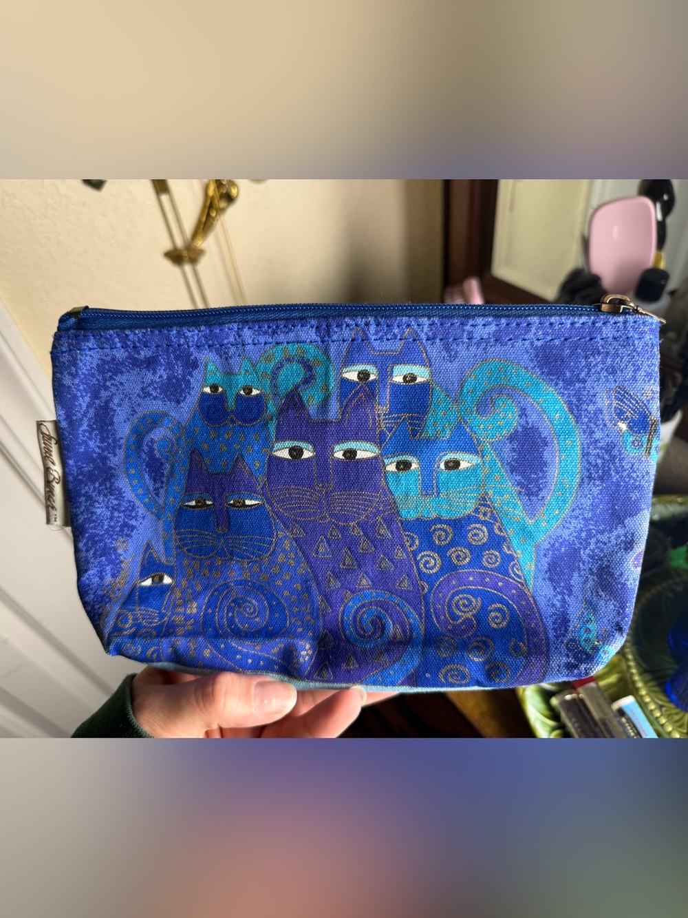 Laurel Burch Blue & Teal Cat Print Zipper Pouch